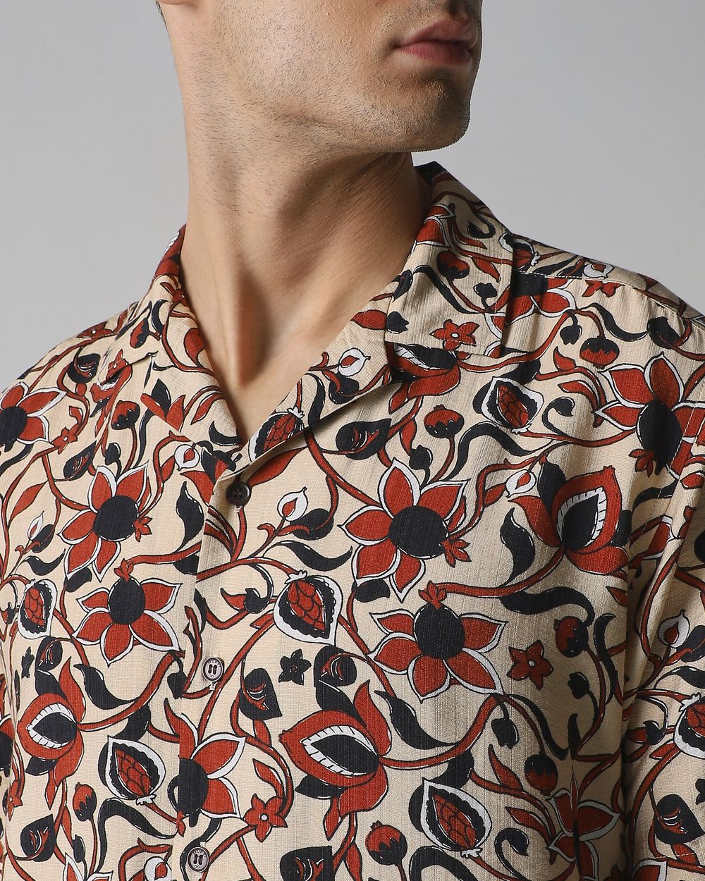 Light Khaki Floral Print Relaxed Fit Casual Shirt