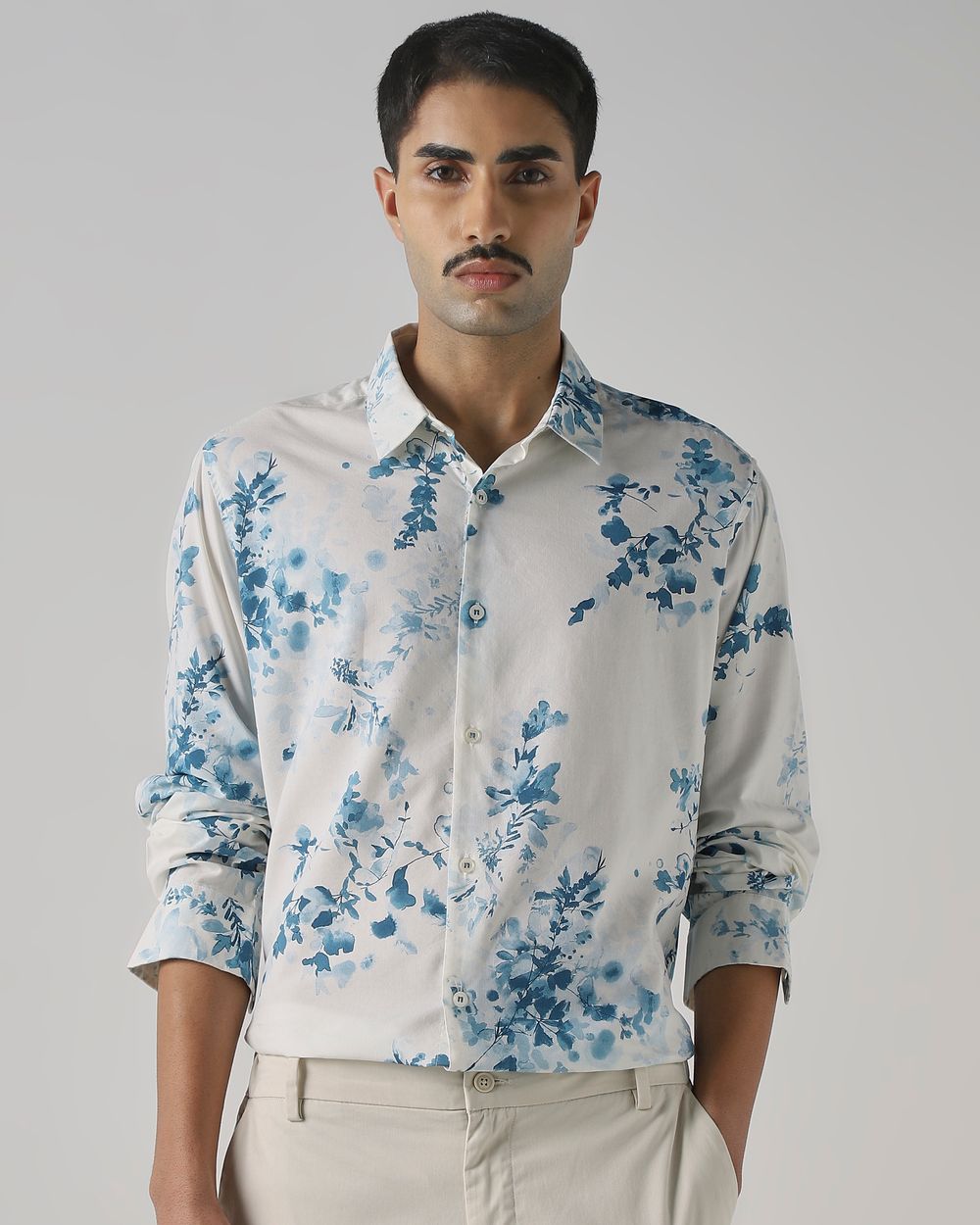 Off White Floral Print Slim Fit Casual Shirt