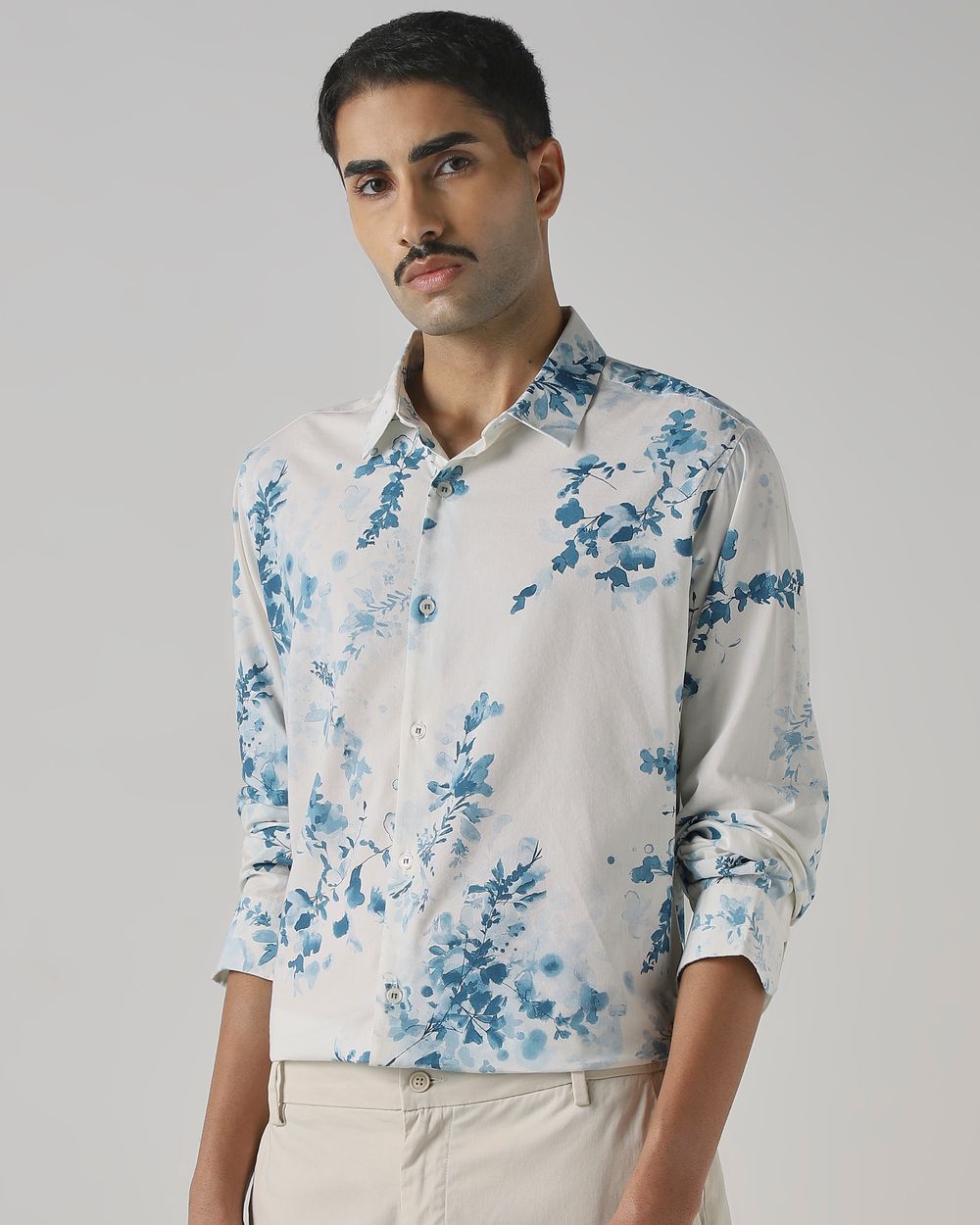 Off White Floral Print Slim Fit Casual Shirt