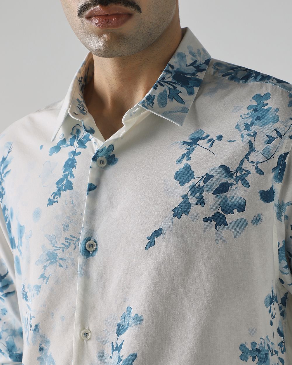 Off White Floral Print Slim Fit Casual Shirt