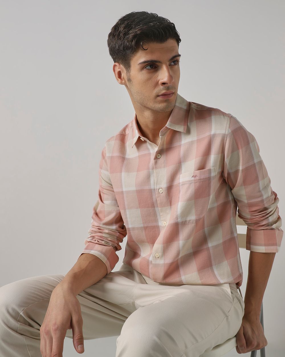 Pink Textured Check Slim Fit Casual Shirt