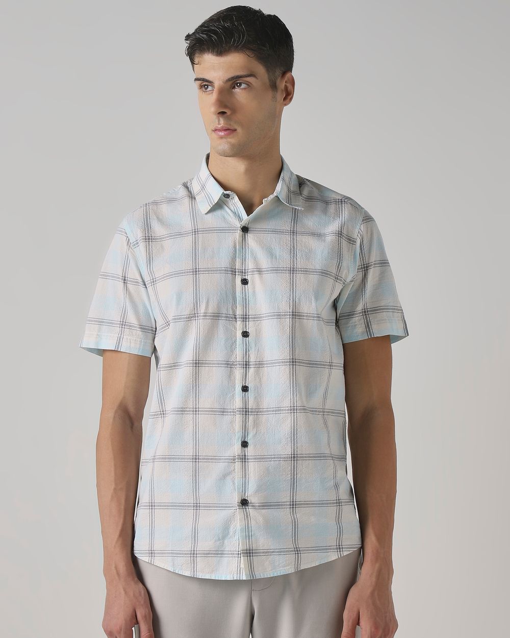 Light Blue Seersucker Check Slim Fit Casual Shirt