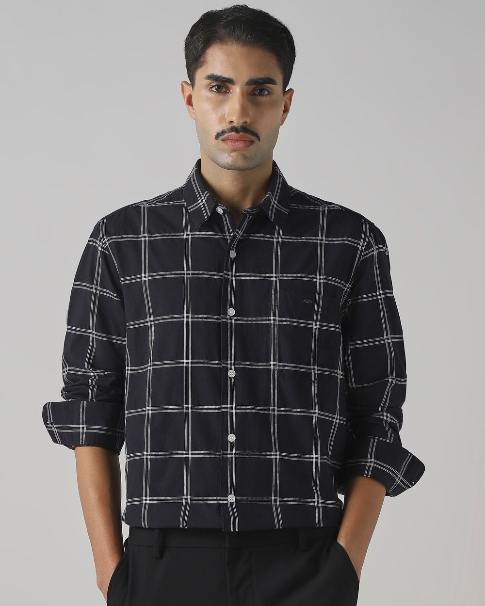 Black Textured Check Slim Fit Casual Shirt