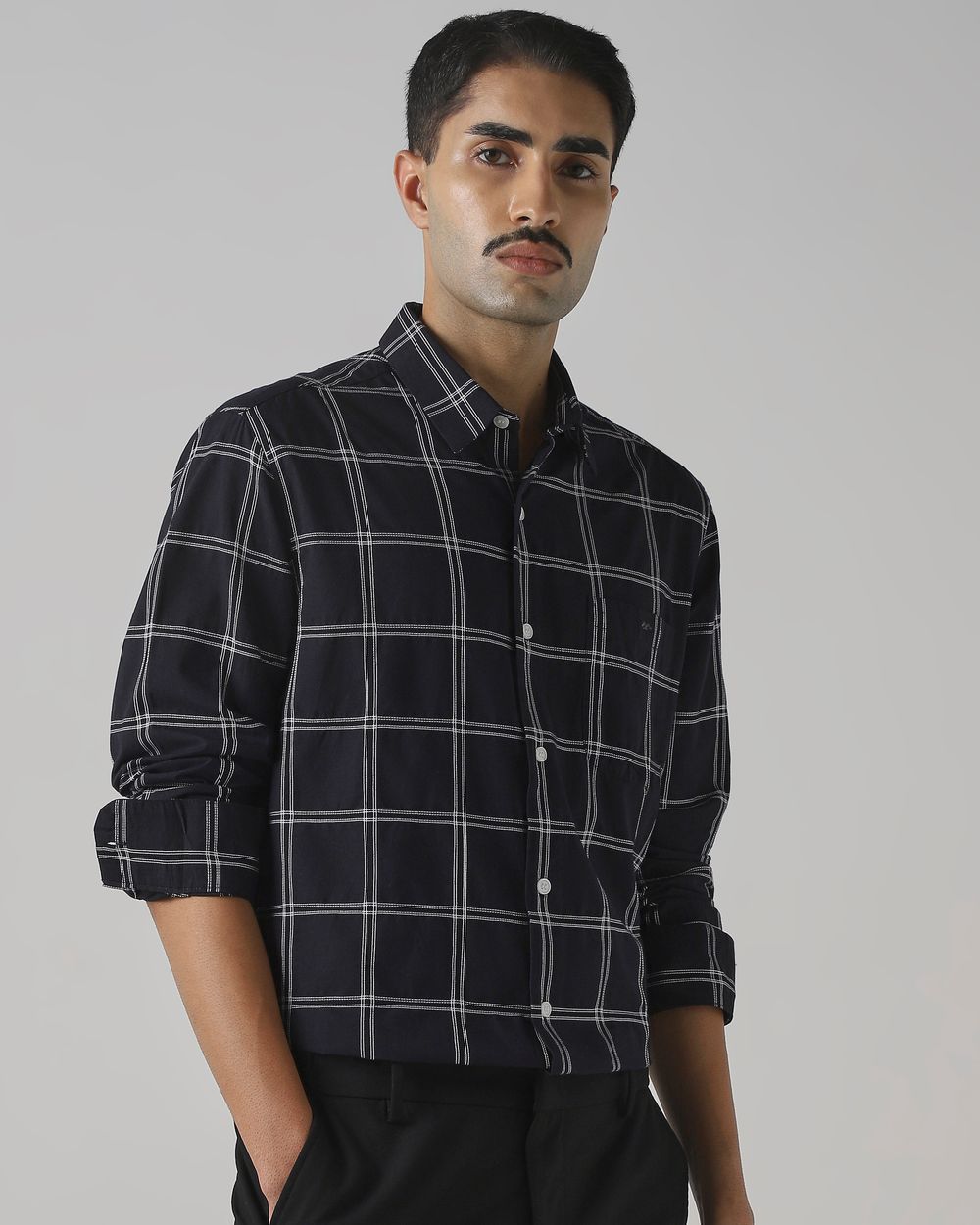 Black Textured Check Slim Fit Casual Shirt