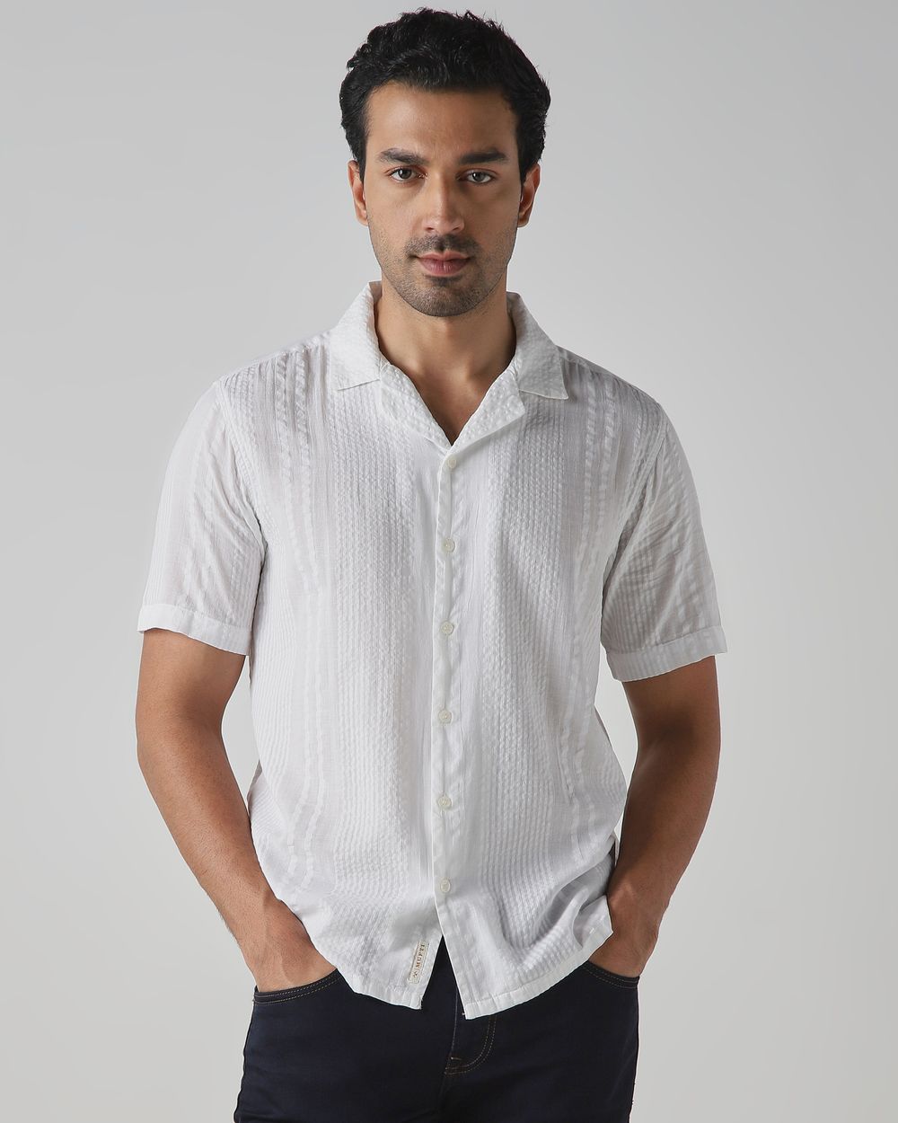 White Seersucker Plain Relaxed Fit Casual Shirt
