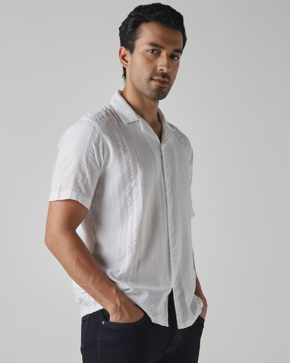 White Seersucker Plain Relaxed Fit Casual Shirt