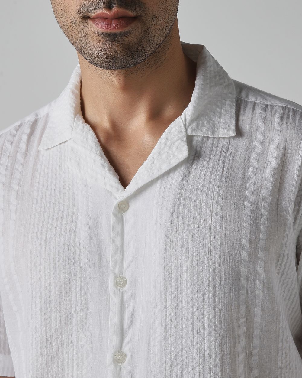 White Seersucker Plain Relaxed Fit Casual Shirt