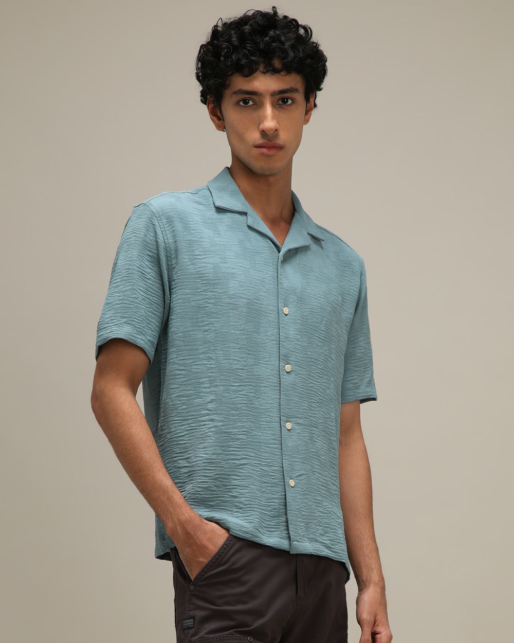 Green Textured Plain Loose Fit Casual Shirt
