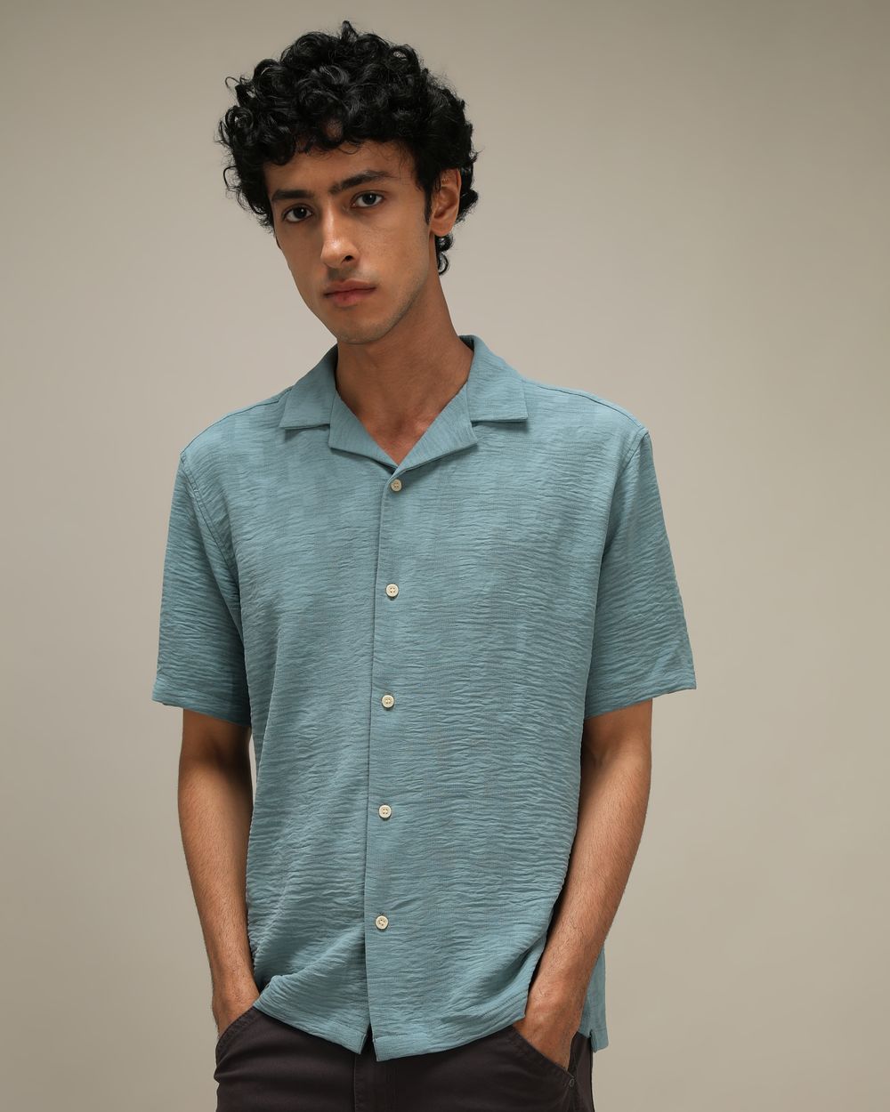 Green Textured Plain Loose Fit Casual Shirt