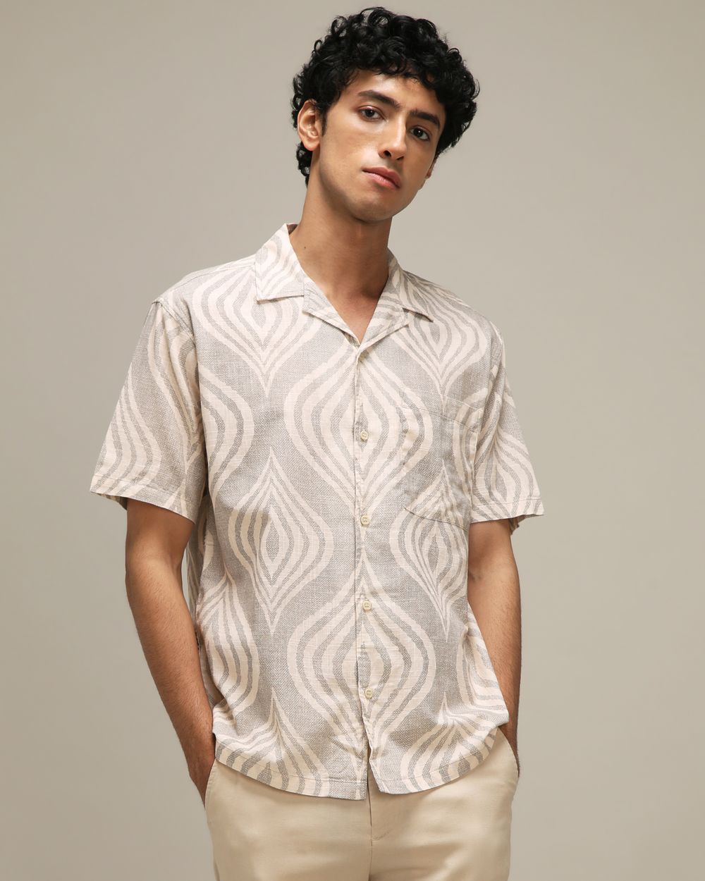 Light Olive Abstract Print Loose Fit Casual Shirt