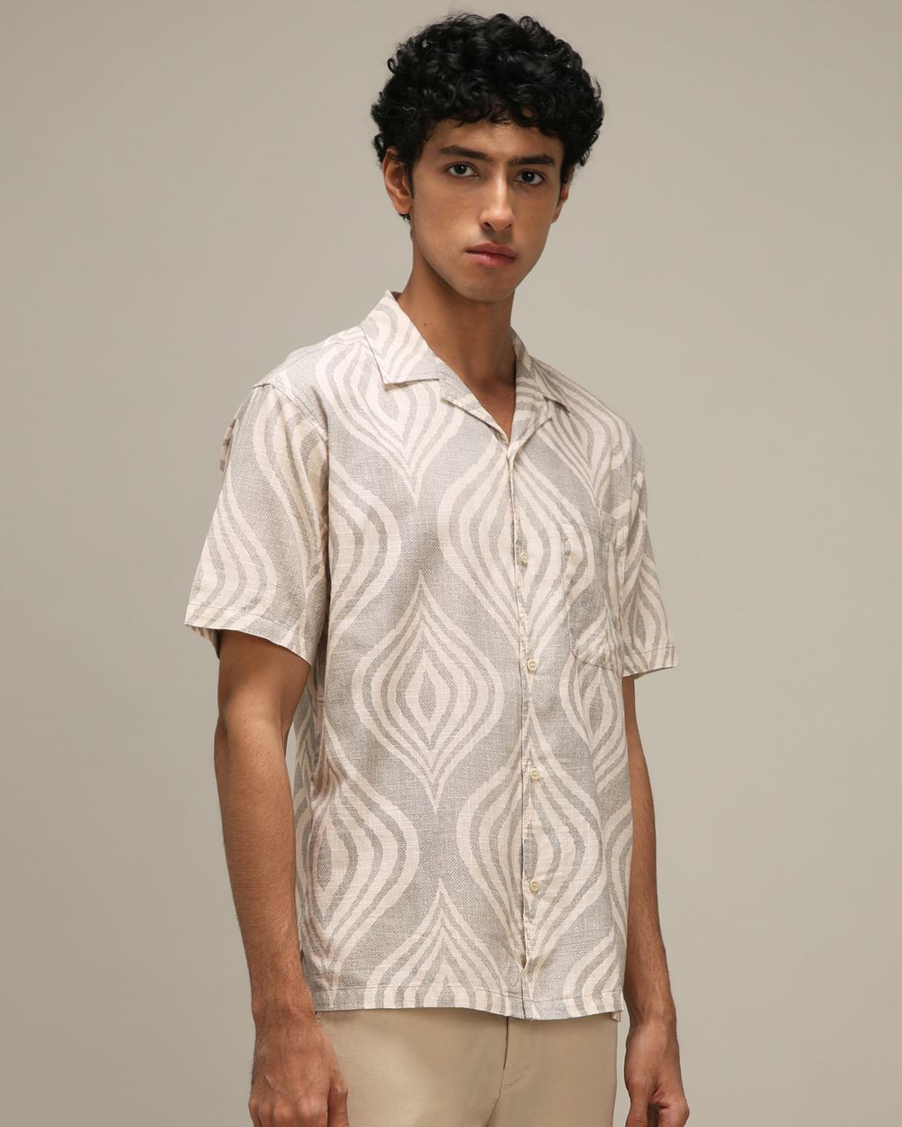 Light Olive Abstract Print Loose Fit Casual Shirt