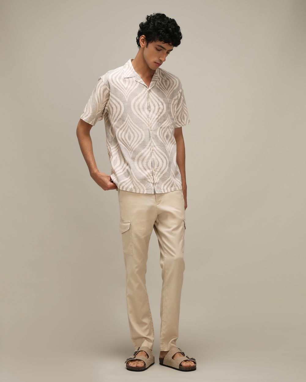 Light Olive Abstract Print Loose Fit Casual Shirt