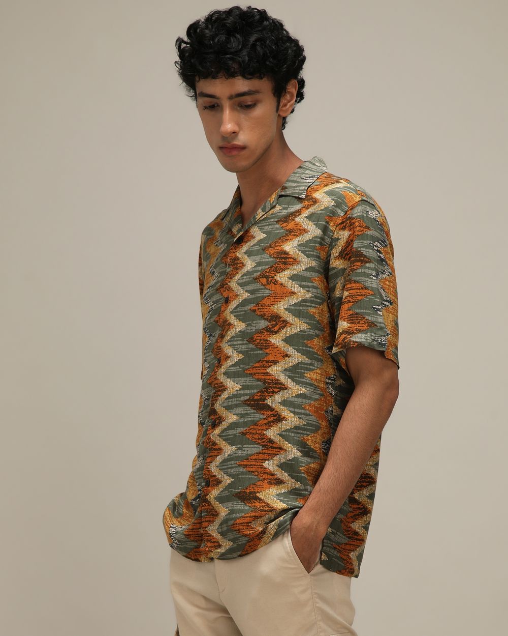 Olive Resort Print Loose Fit Casual Shirt
