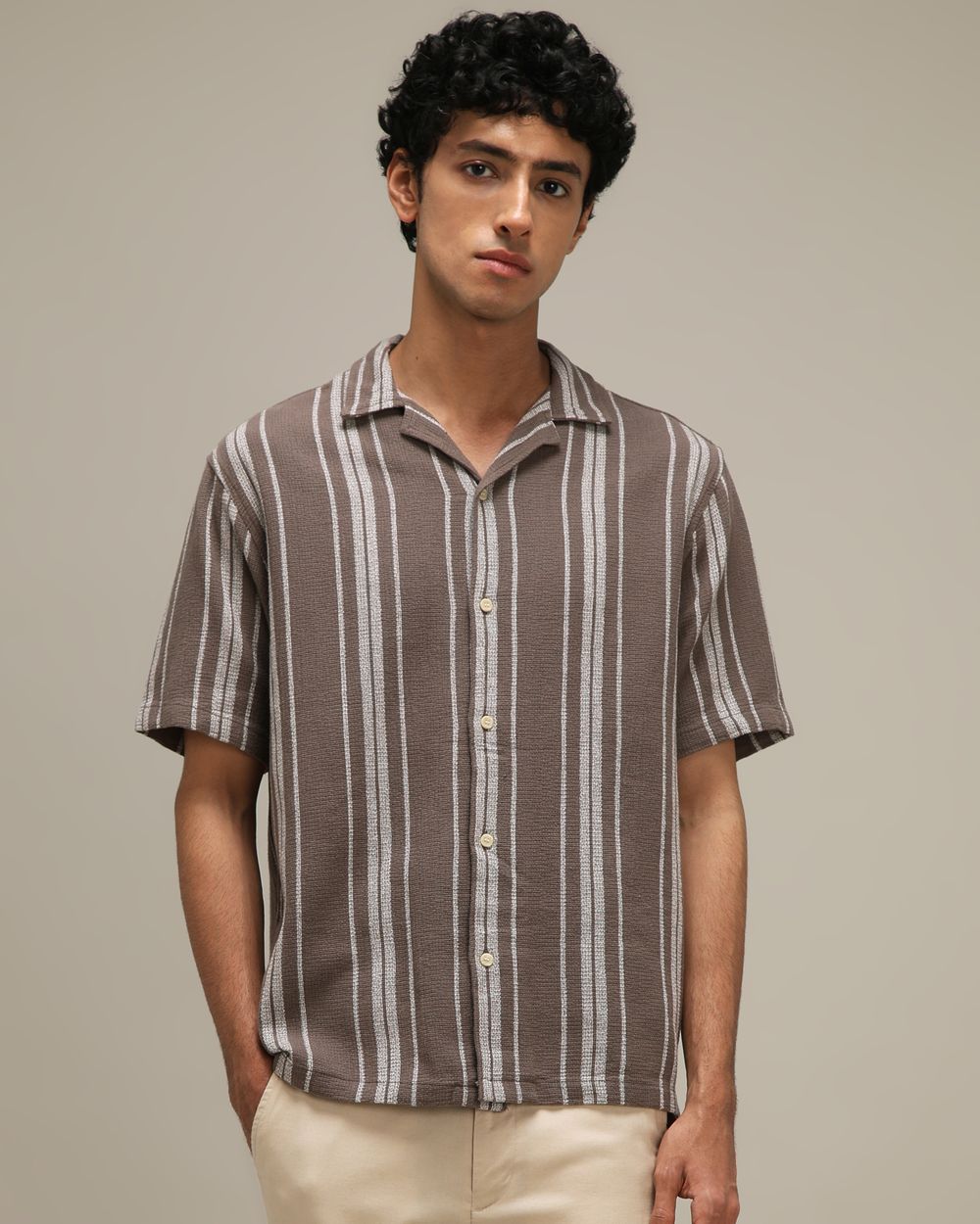 Light Olive Textured Stripe Loose Fit Casual Shirt
