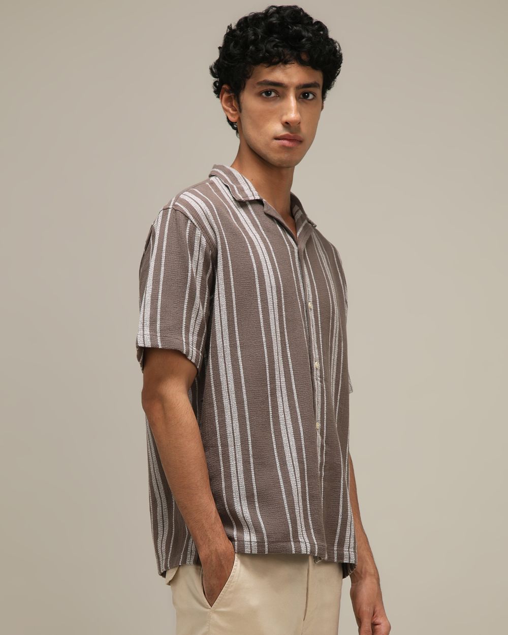 Light Olive Textured Stripe Loose Fit Casual Shirt