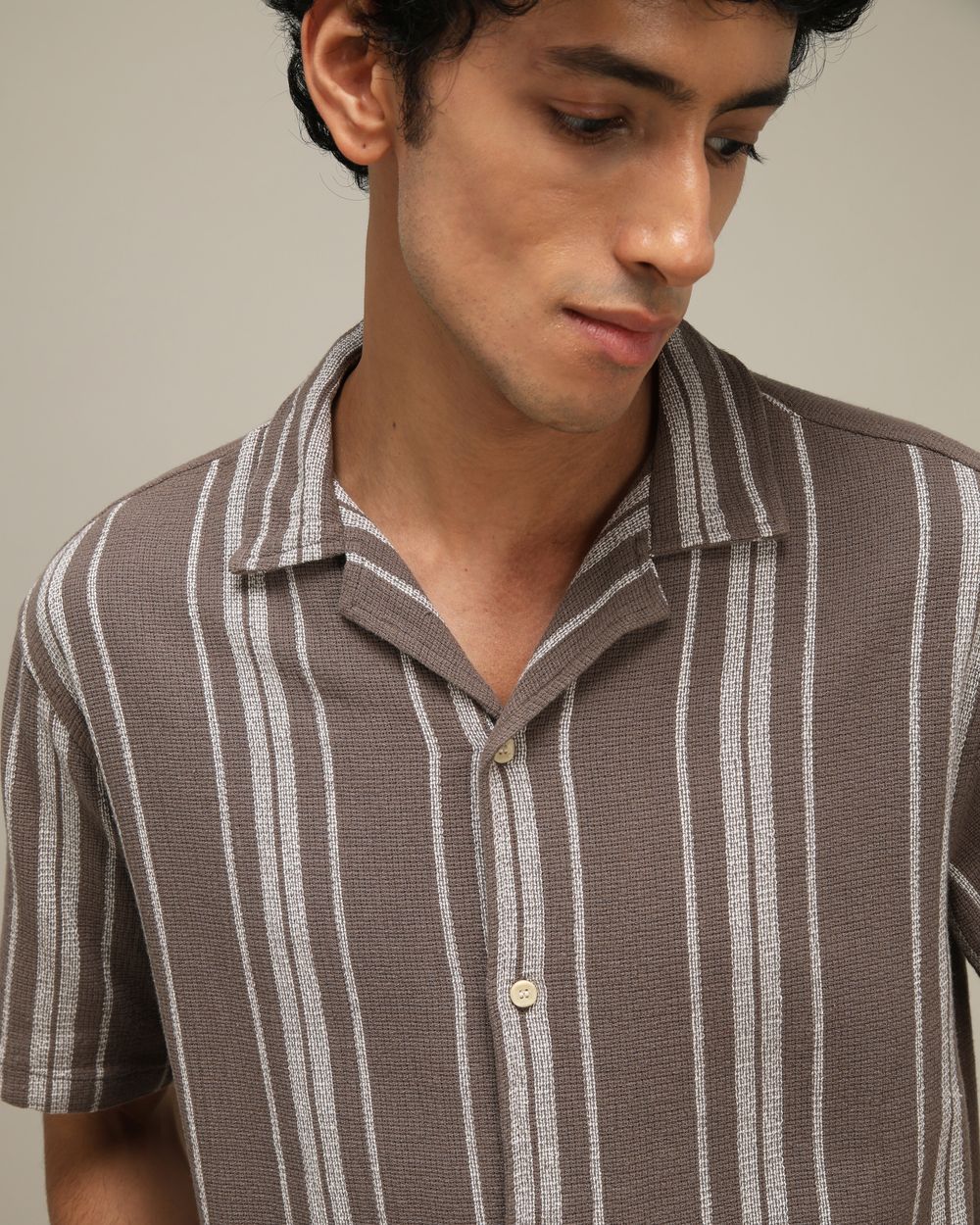 Light Olive Textured Stripe Loose Fit Casual Shirt