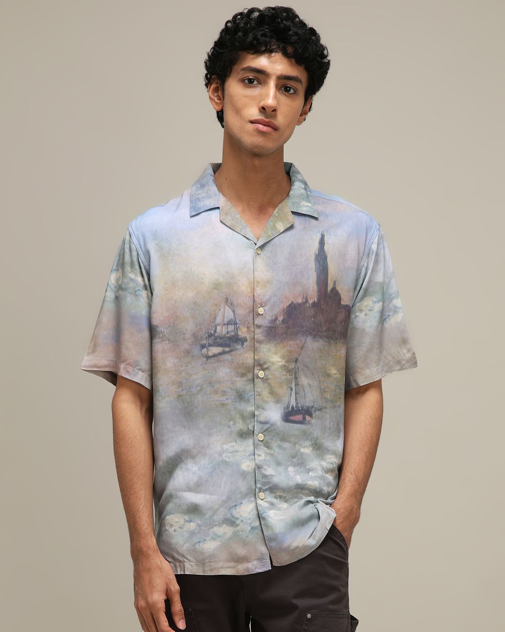 Grey Digital Print Loose Fit Casual Shirt
