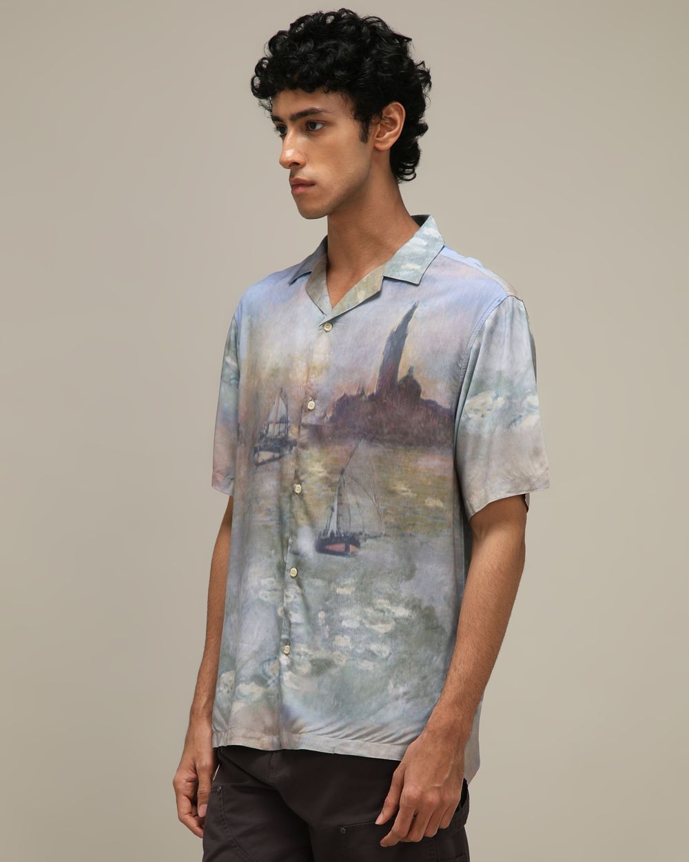 Grey Digital Print Loose Fit Casual Shirt