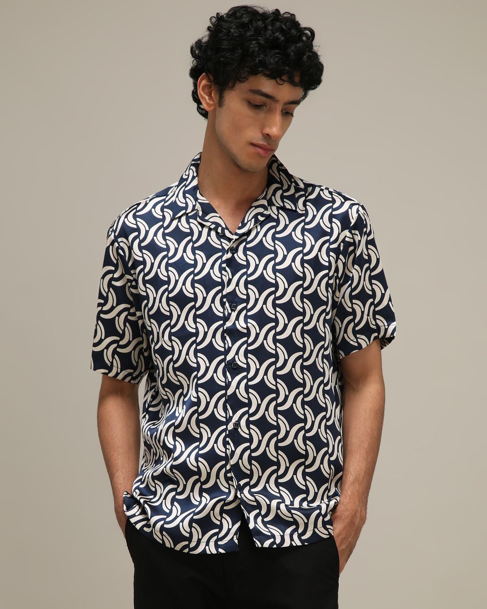 Navy Abstract Print Loose Fit Casual Shirt