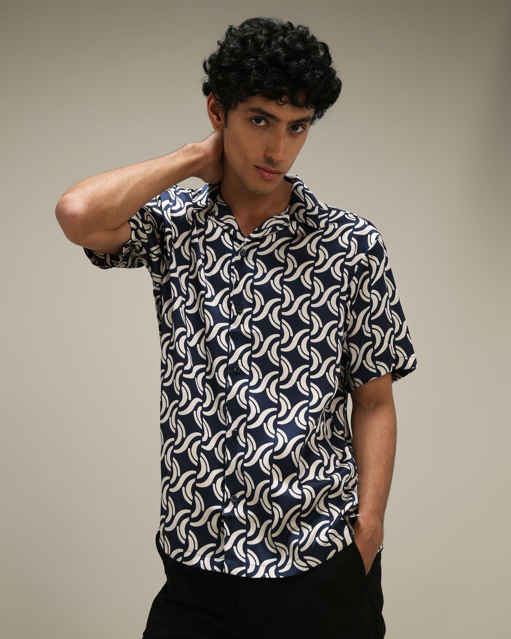 Navy Abstract Print Loose Fit Casual Shirt