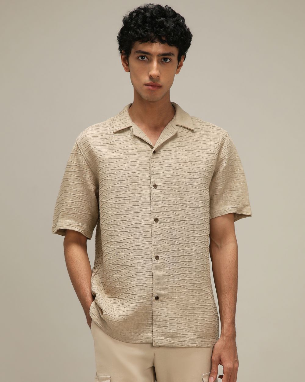 Khaki Textured Dobby Loose Fit Casual Shirt