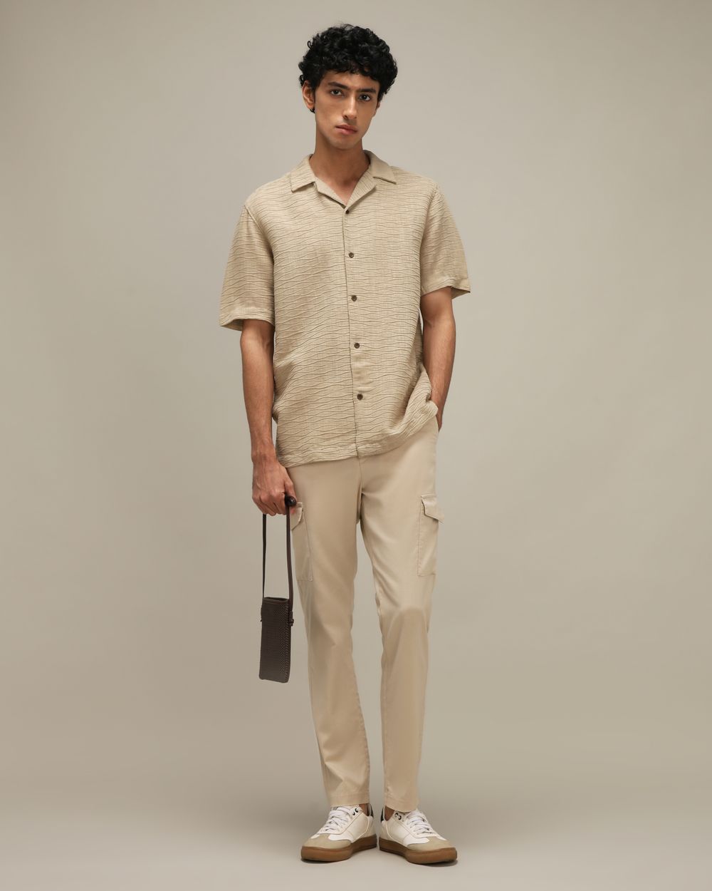 Khaki Textured Dobby Loose Fit Casual Shirt