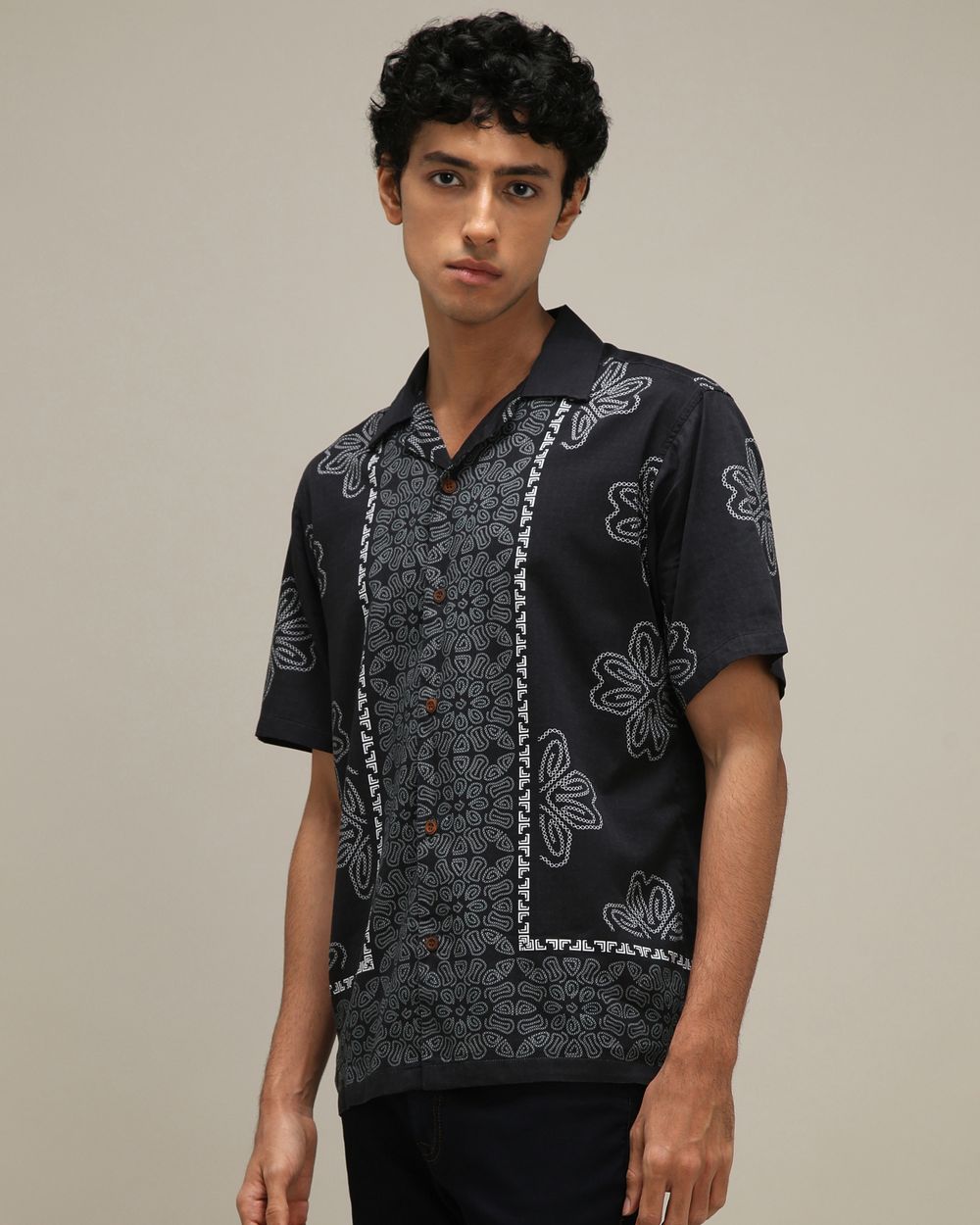 Charcoal Resort Print Loose Fit Casual Shirt