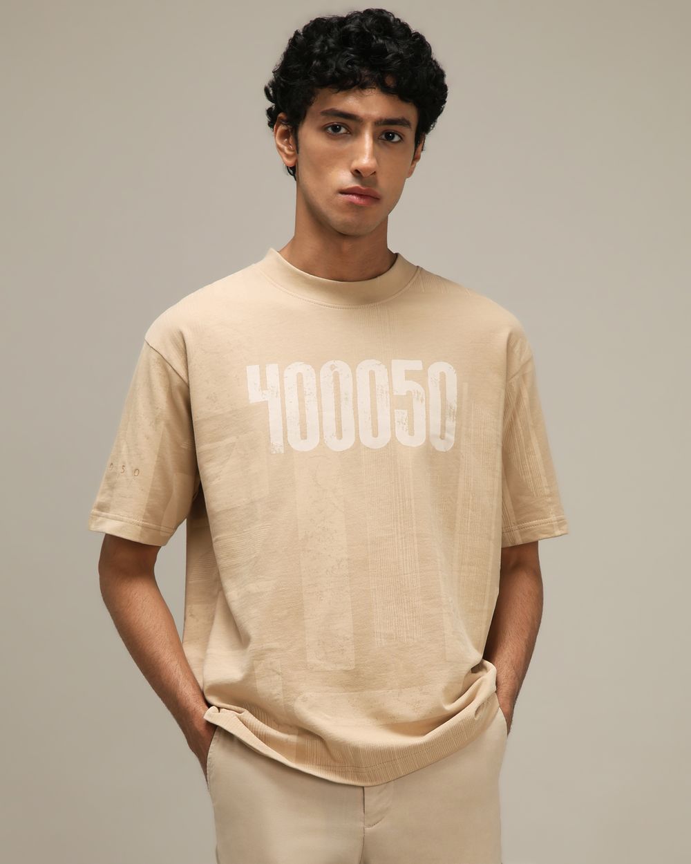 Beige Printed Oversized Tee
