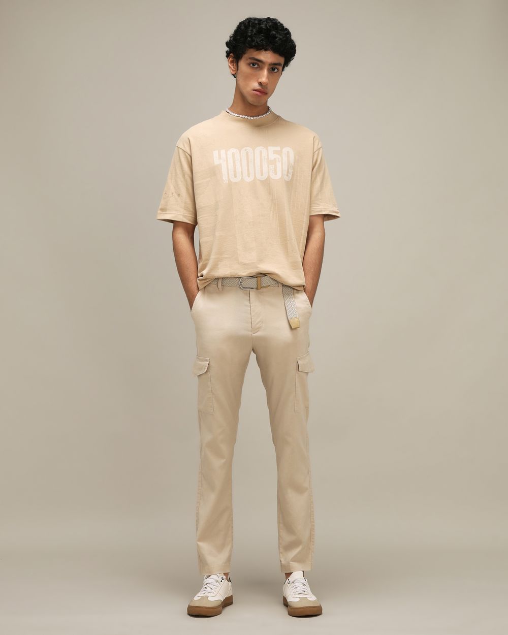 Beige Printed Oversized Tee