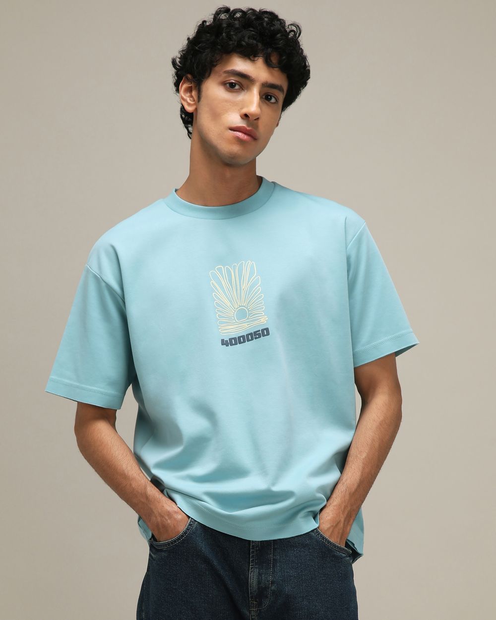 Teal Back Print Oversized Loose Fit Tee