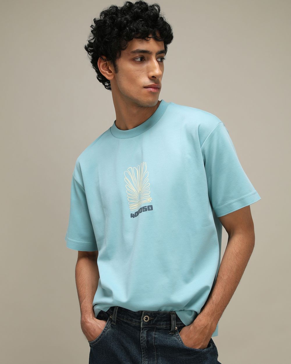 Teal Back Print Oversized Loose Fit Tee