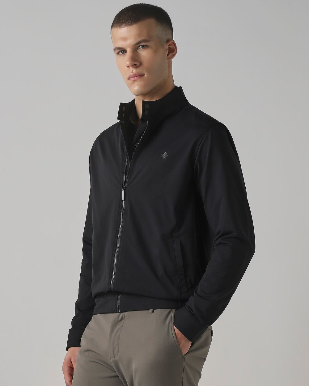 Black Band Collar Zip Thru Jacket