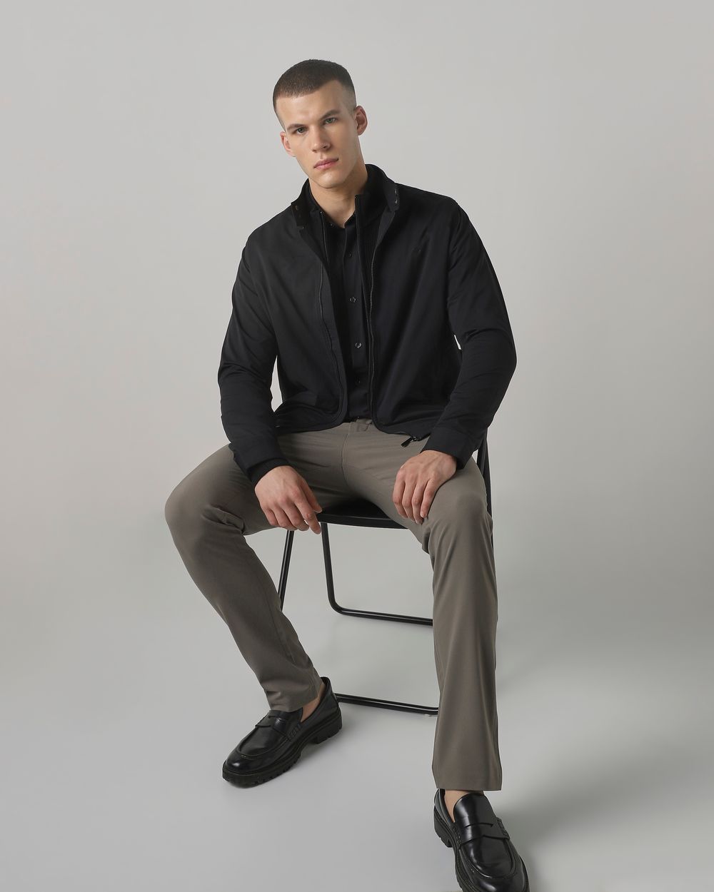 Black Band Collar Zip Thru Jacket