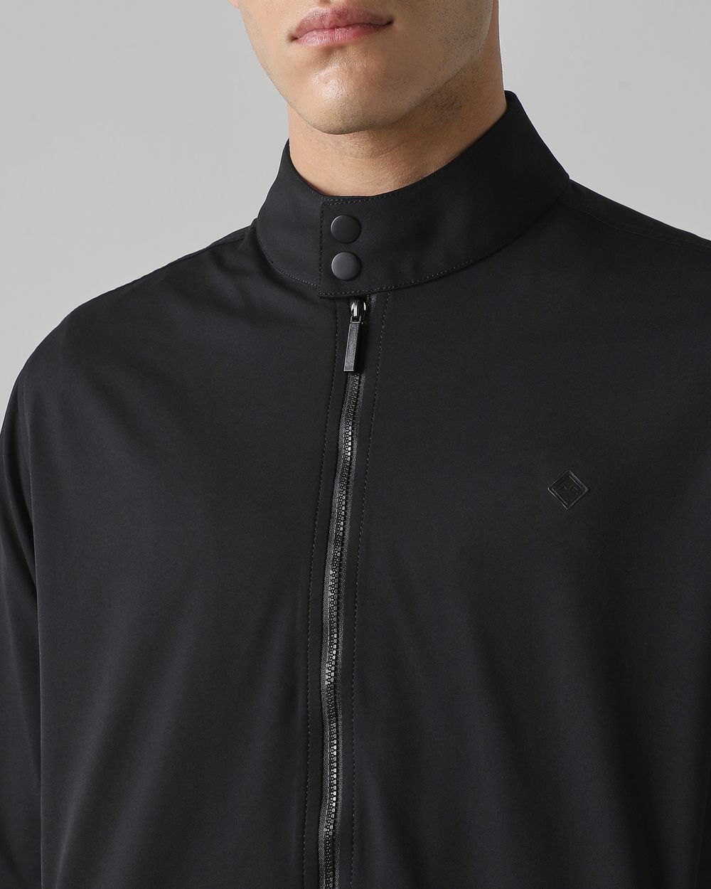 Black Band Collar Zip Thru Jacket