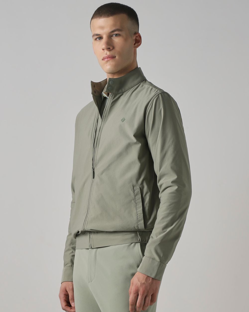 Green Band Collar Zip Thru Slim Fit Jacket
