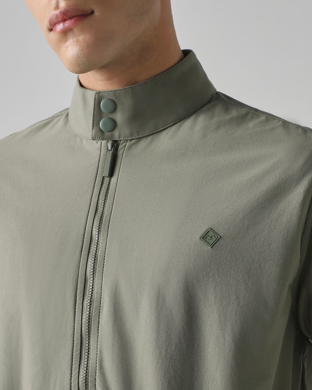 Green Band Collar Zip Thru Slim Fit Jacket