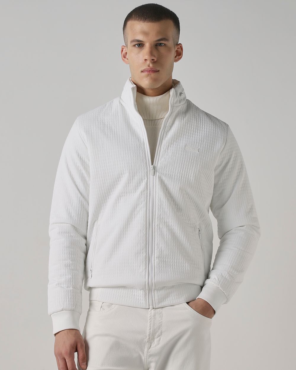 White Textured Puffer Slim Fit Jacket