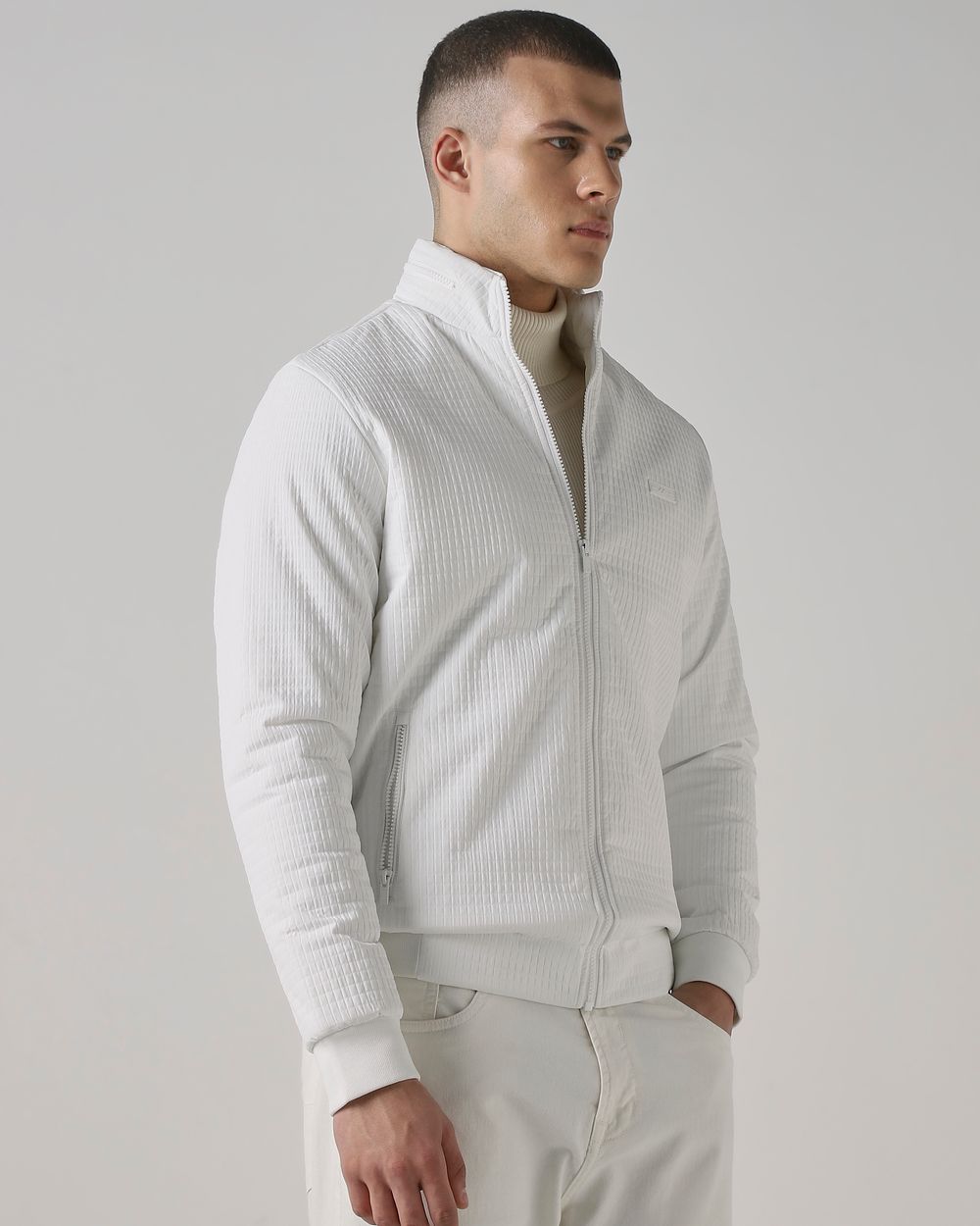 White Textured Puffer Slim Fit Jacket