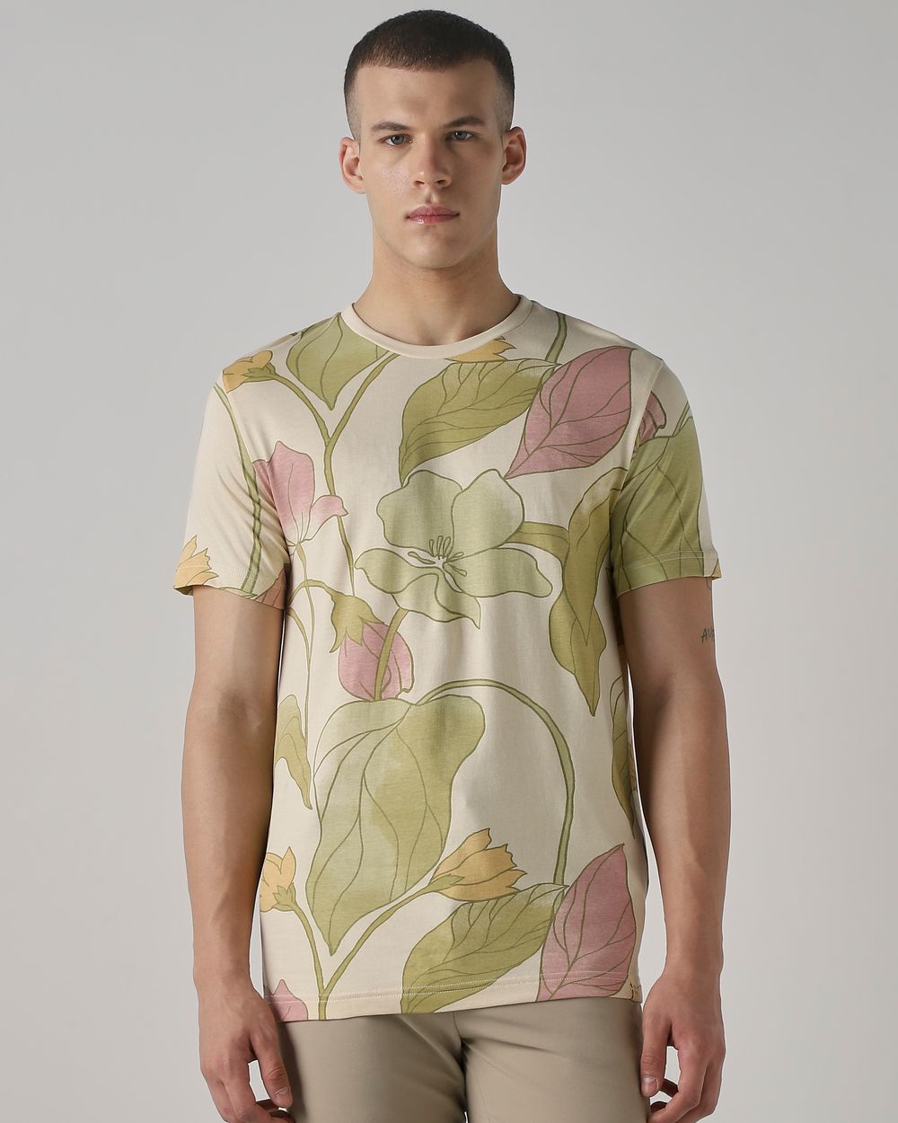 Beige Floral Print Slim Fit T-Shirt