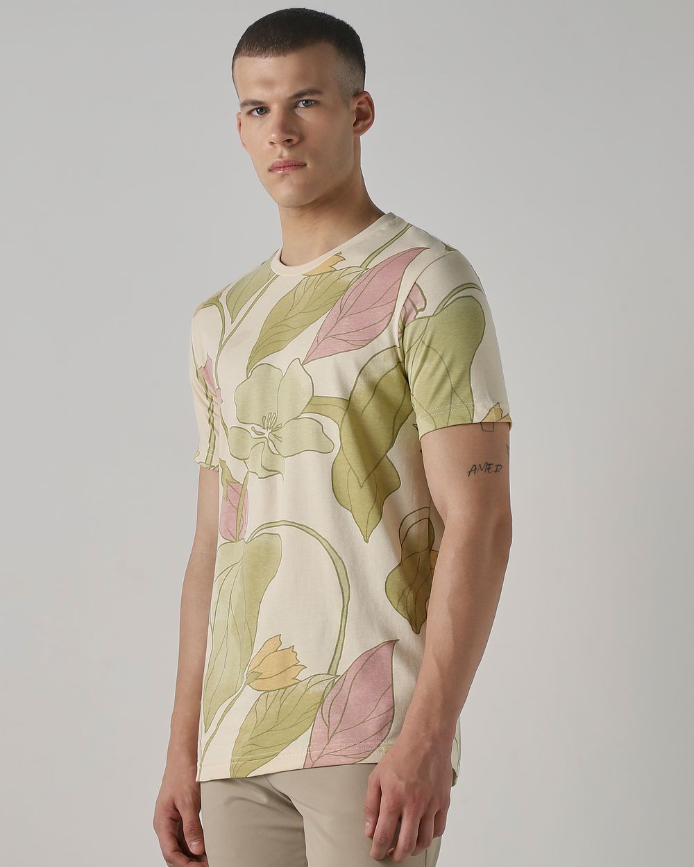 Beige Floral Print Slim Fit T-Shirt
