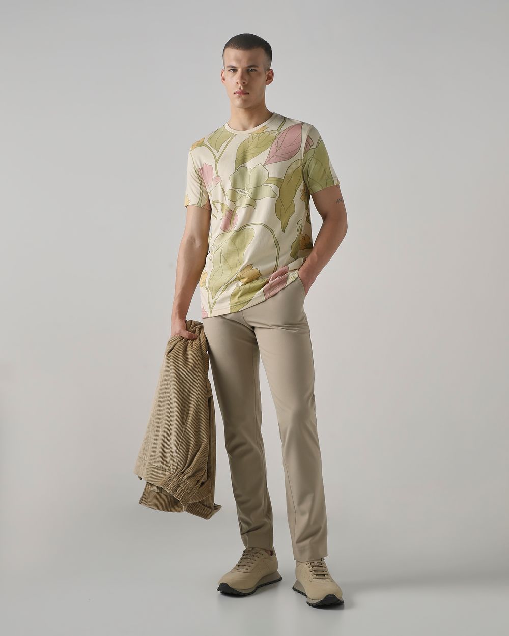 Beige Floral Print Slim Fit T-Shirt