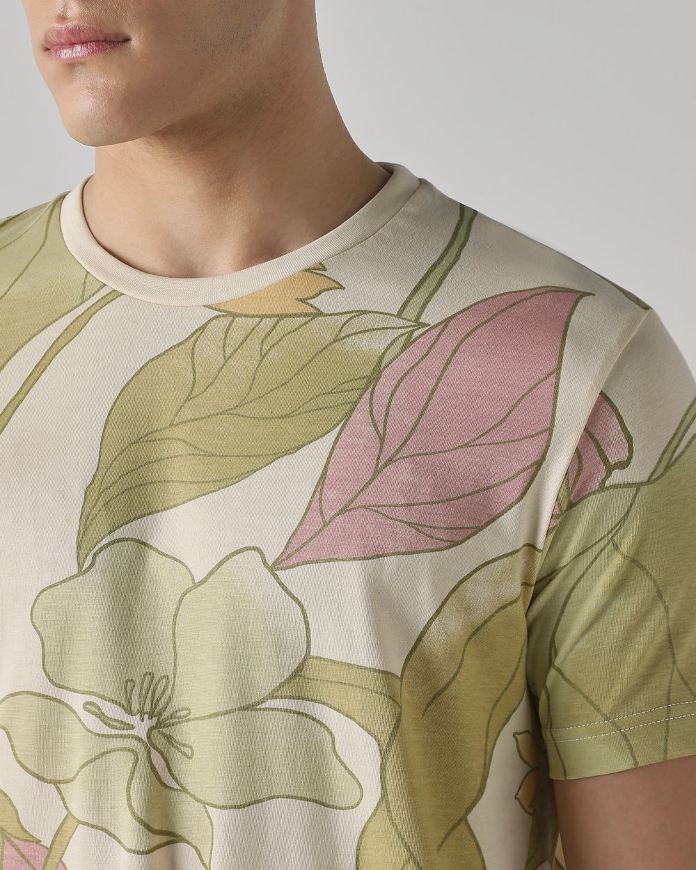 Beige Floral Print Slim Fit T-Shirt