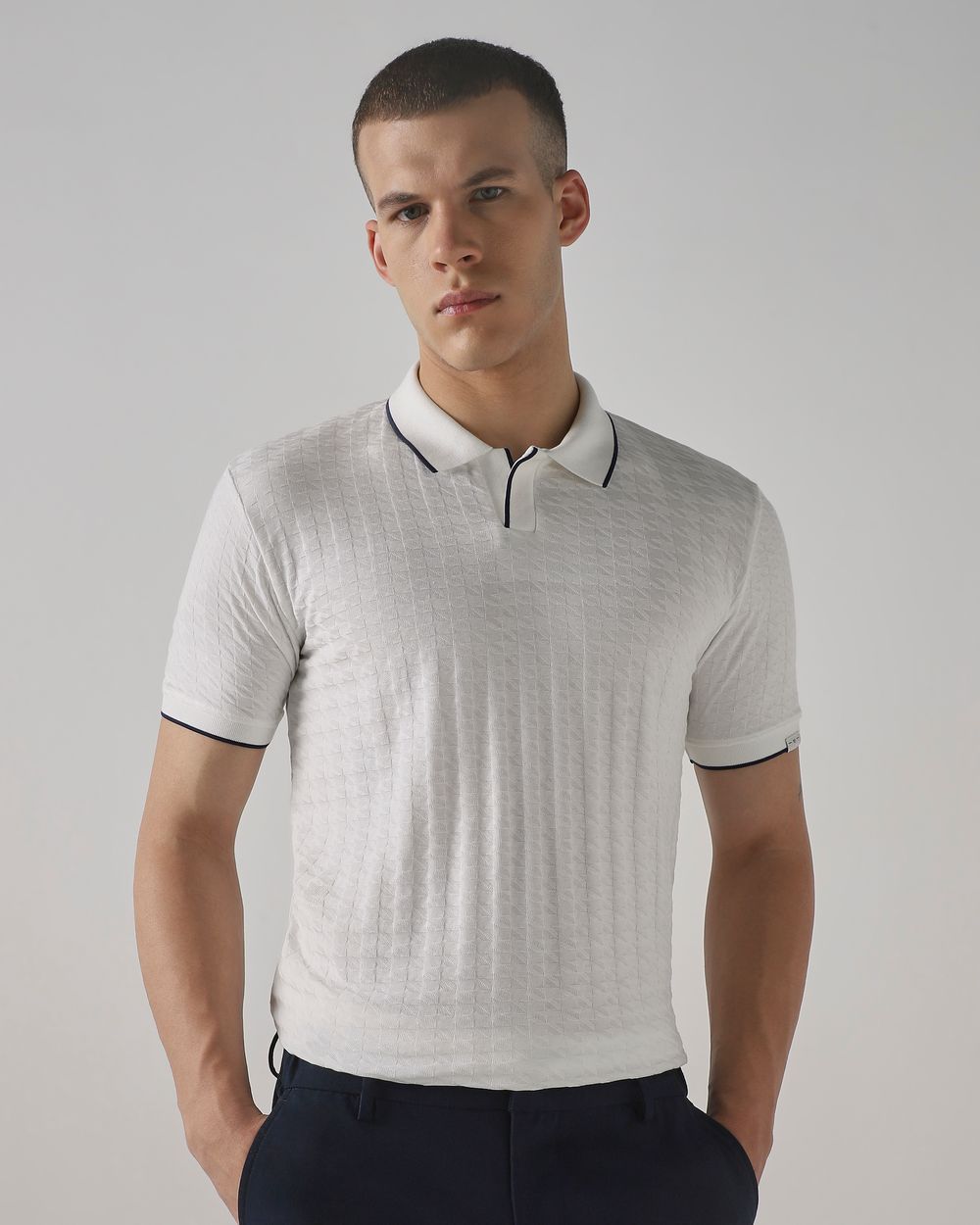 White Textured Plain Slim Fit T-Shirt