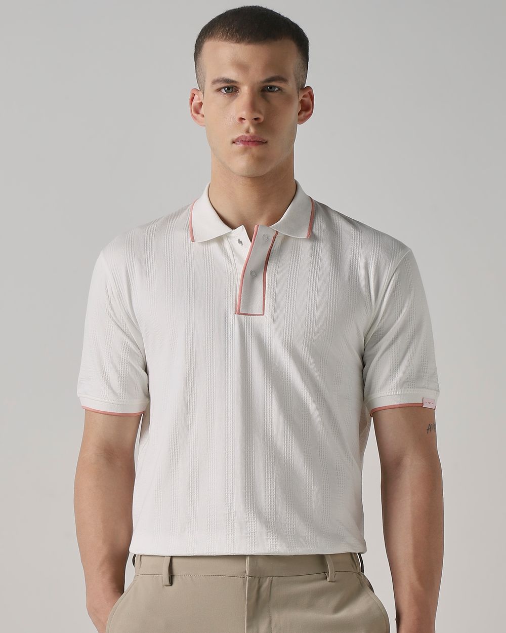 White Textured Plain Regular Fit T-Shirt