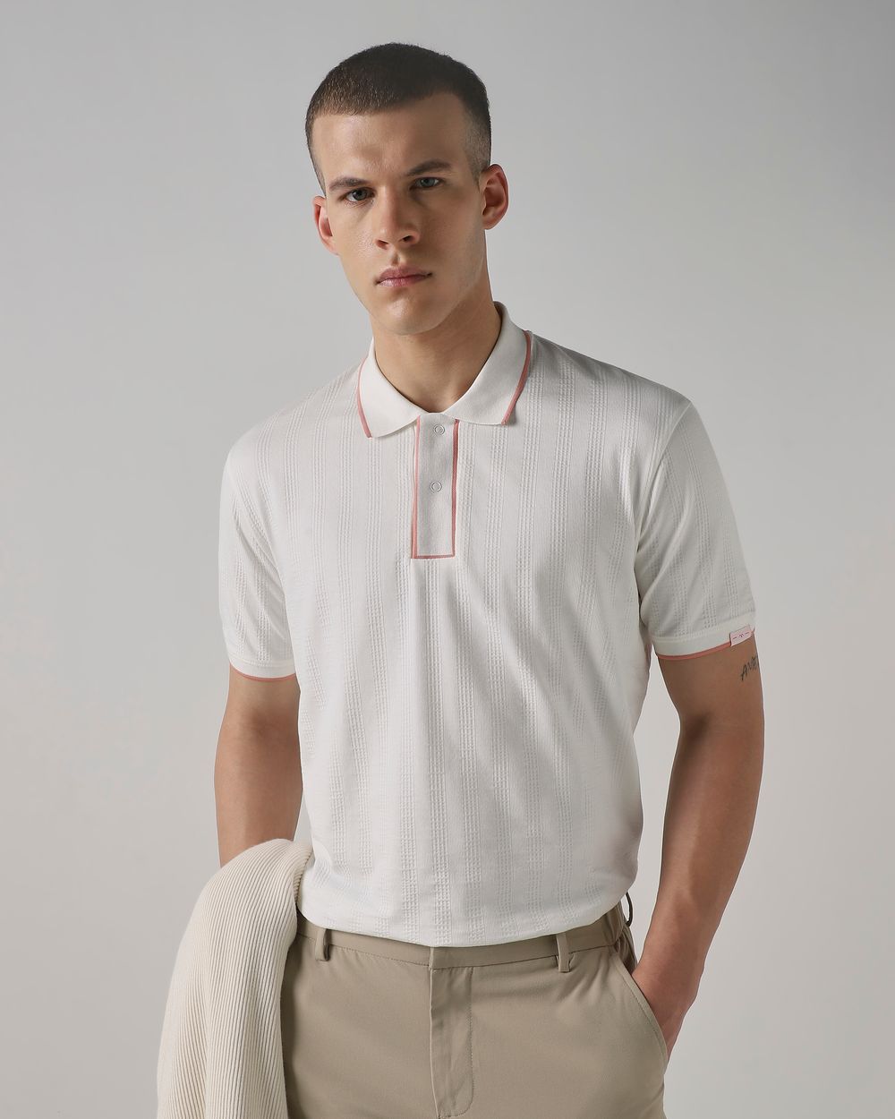 White Textured Plain Regular Fit T-Shirt