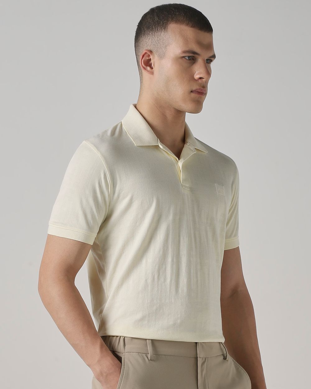 Light Yellow Textured Plain Slim Fit T-Shirt