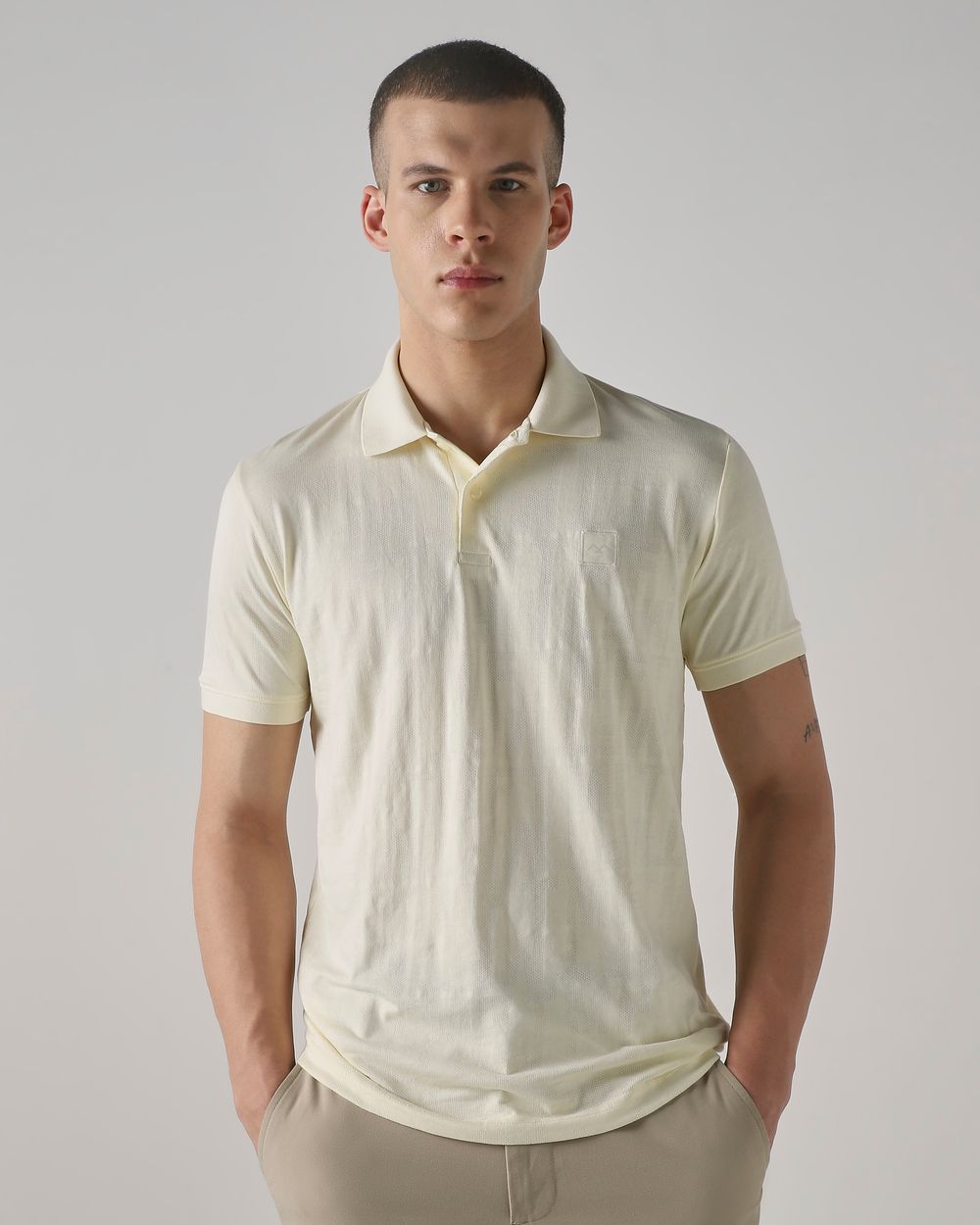Light Yellow Textured Plain Slim Fit T-Shirt