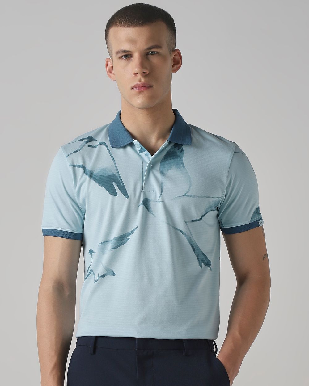 Light Blue Bird Print Slim Fit T-Shirt