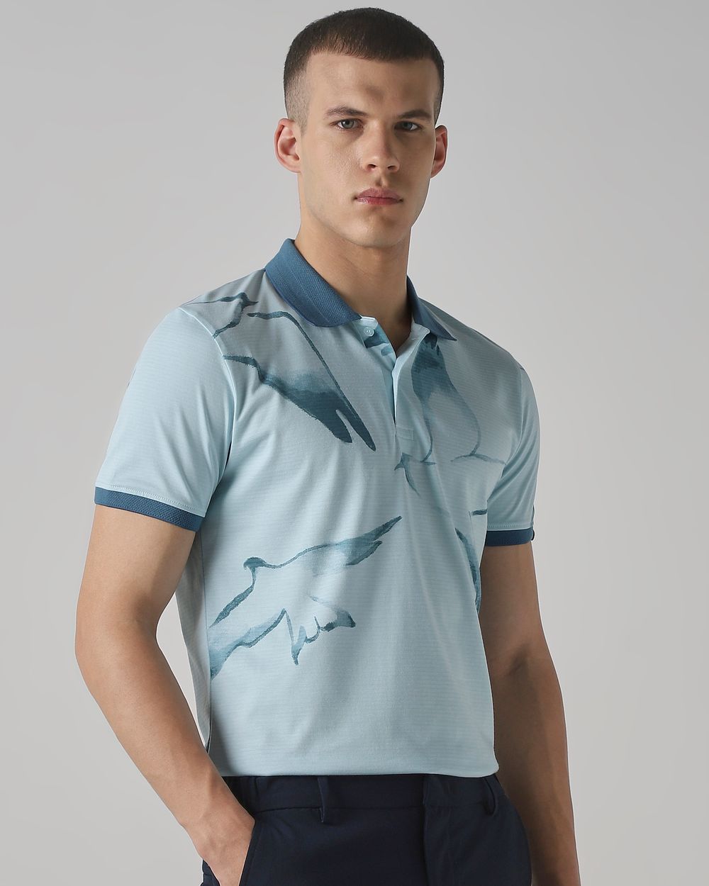 Light Blue Bird Print Slim Fit T-Shirt