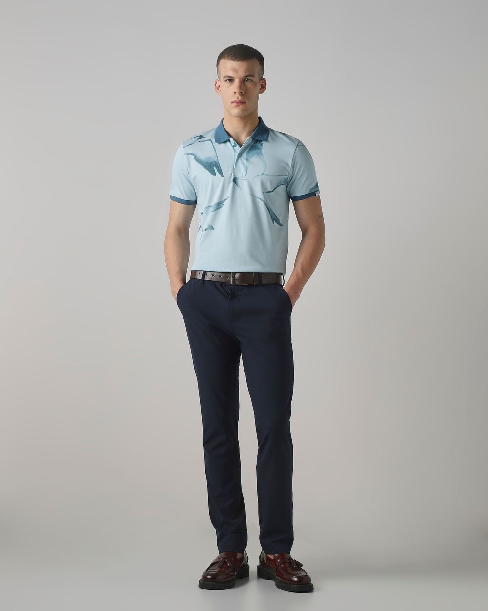 Light Blue Bird Print Slim Fit T-Shirt